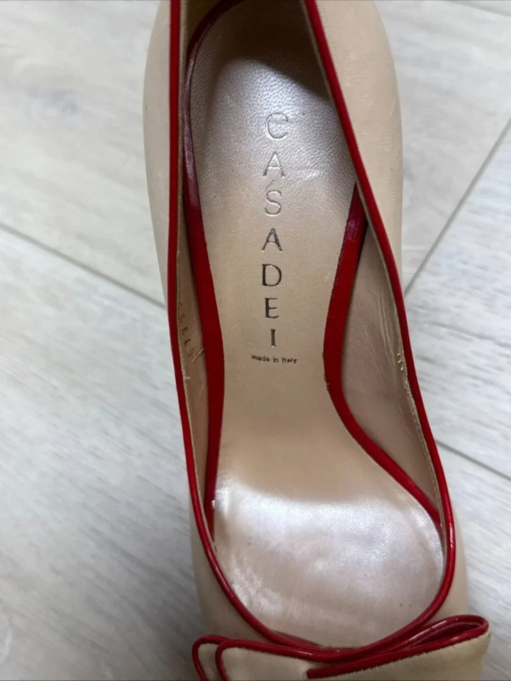 Casadei Ivory Red Trim Peep Toe Platform Heels Bow Pumps - Picture 9 of 13